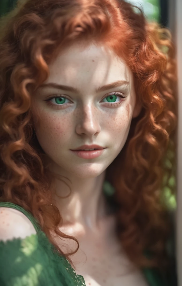 A superb photo of a Beautiful woman with curly red hair and green eyes, dans la jeune vingtaine, natural light, freckled, hyperdetailed face, ultra haute résolution, Photorealistic; True-to-life picture, natural skin, 8k,HDR, best quality, emerald green eyes, shadows real, Photorealistic, textured skin, detailed skin pores, peau real, natural shade
 