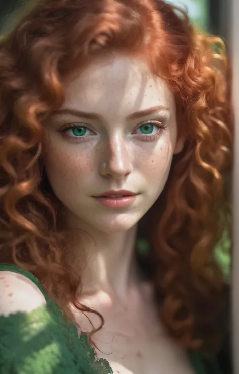 a superb photo of a beautiful woman with curly red hair and green eyes, dans la jeune vingtaine, natural light, freckled, hyperd...