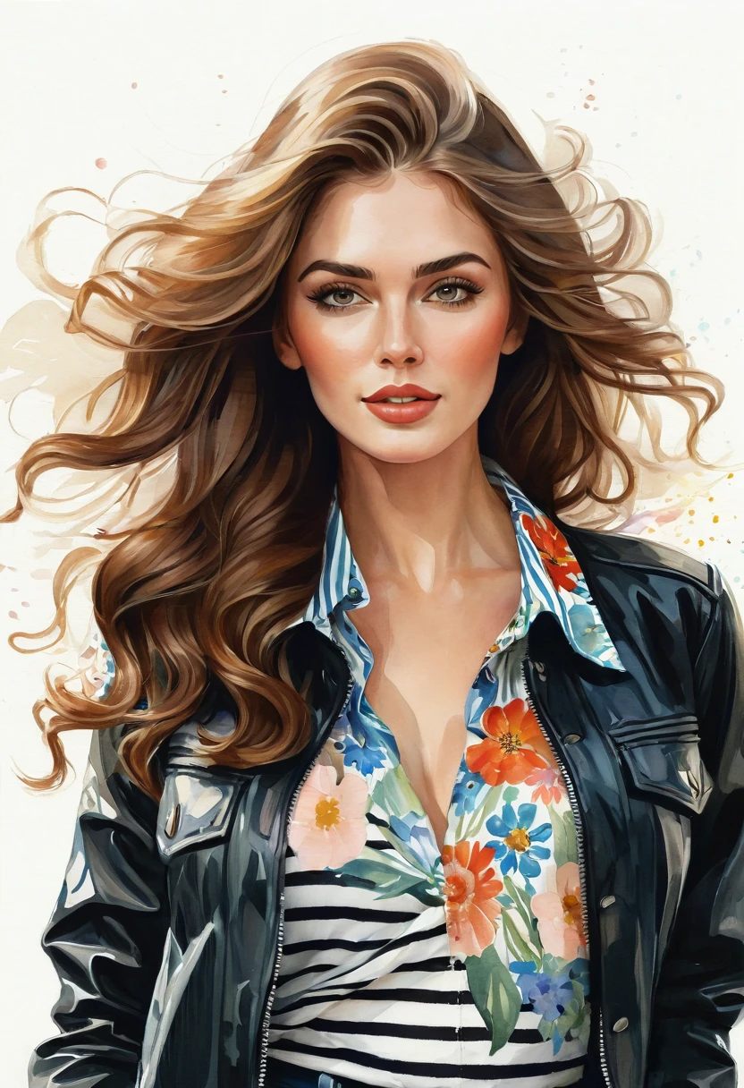 watercolor illustration, centered art. The image features a charming russian woman with long, curly brown hair blowing in the wind, she is in a cartoon style, looking at the camera. She is dressed in a black jacket and floral skirt, with a striped blouse underneath, adding a splash of color to her look. A white flower adorns her head, complementing her look. She is standing against a white background. by Teagan White