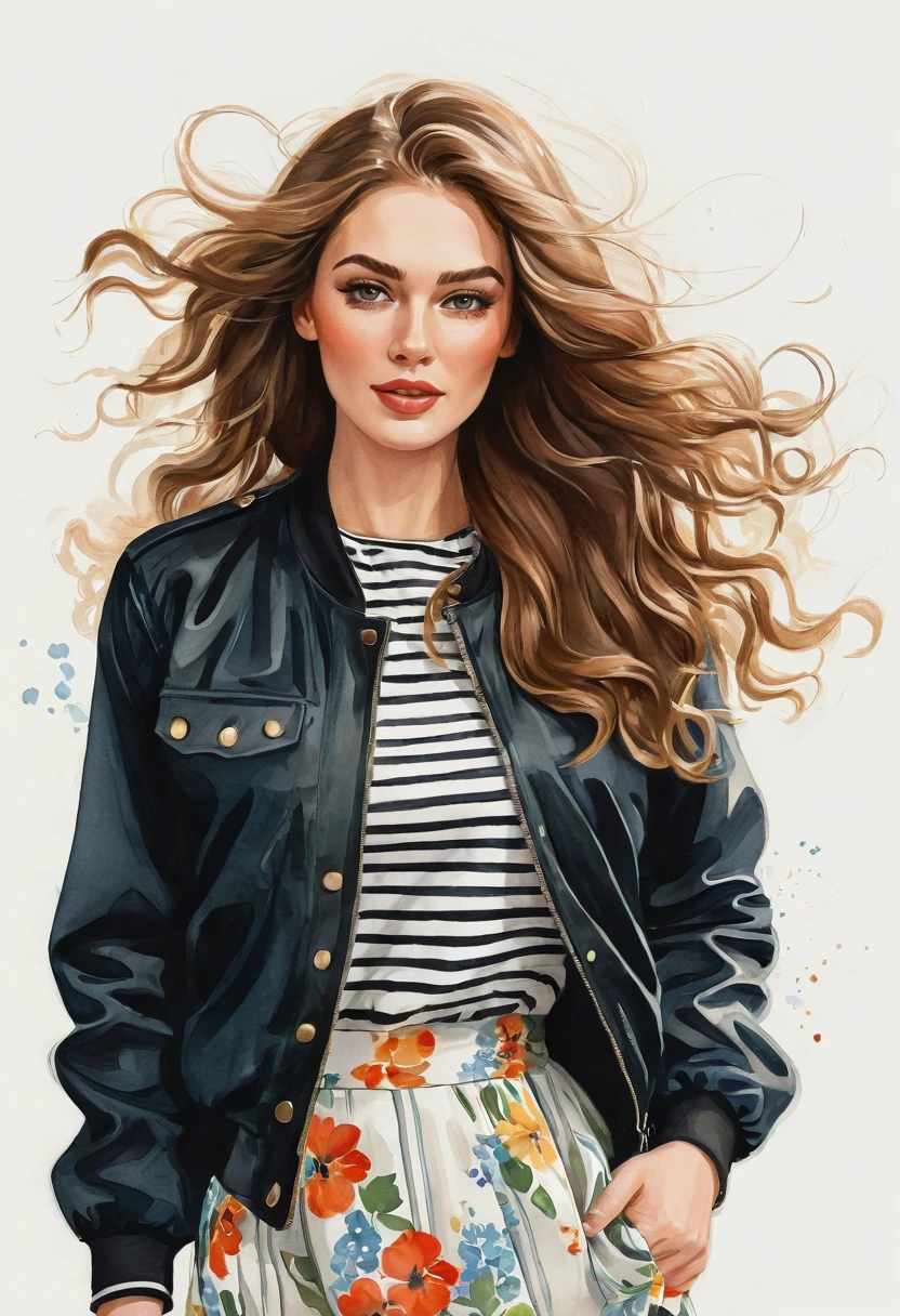 watercolor illustration, centered art. The image features a charming russian woman with long, curly brown hair blowing in the wind, she is in a cartoon style, looking at the camera. She is dressed in a black jacket and floral skirt, with a striped blouse underneath, adding a splash of color to her look. A white flower adorns her head, complementing her look. She is standing against a white background. by Teagan White