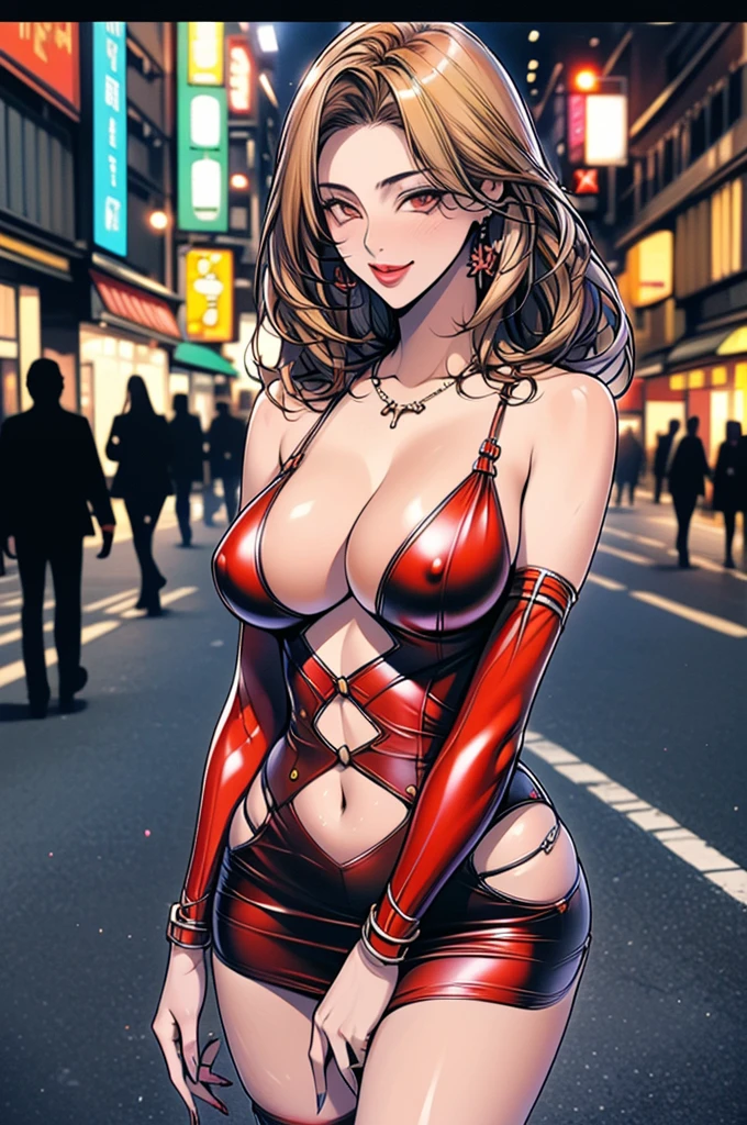 1girl,Alicia Viewsrtream, blonde hair, wavy hair, long hair, red eyes,red lips, (((bodycon)), cleavage, micro skirt, navel cutout, pinkish dress, ,incredibly absurdres,thighs,realistic,reality,hetero, best quality:1.4, intricate details, sharp focus, highres, elaborate atmosphere:0.90, 8K, 4K, UHD, 32k UHD resolution, Ultra Detailed 8K CG, ultra high res, High quality texture, High quality shadows, vivid colors, detailed eyes, depth of field, soft lighting, masterpiece, best quality, intricate, (lens reflection: 0.7), (flowering: 0.7), particle effects, ray tracing, tone mapping, highly detailed, concept art, smooth, sharp focus, dramatic lighting, highly detailed art,  trending on Artstation, 8K, amazing shadows, realistic, (highly detailed background: 1.2), street, futuristic city, neon signs, bokeh, streetlights, people, 1 boy, cuddling, smile, 