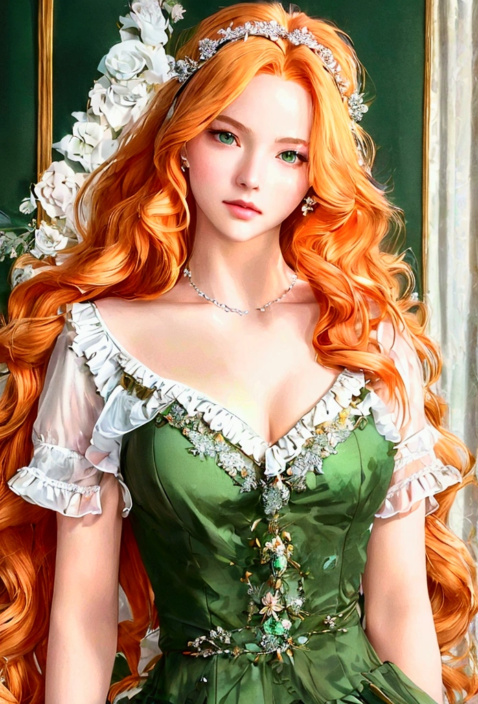 (Elegant 1 girl, detailed facial features, beautiful clear skin, medium bust, long wavy orange blonde hair, hair accessory, side-tied hair), (green gorgeous short sleeve and short length dress: 1.2_Detailed details), soft lighting, looking at viewer, (Best quality, 4k, 8k, High resolution, Masterpiece: 1.2), (Highly detailed, Realistic: 1.37), HDR, UHD, Studio lighting, Highly detailed painting, Sharp focus, Physically based rendering, Highly detailed, Professional, Vivid colors, Bokeh, Portrait