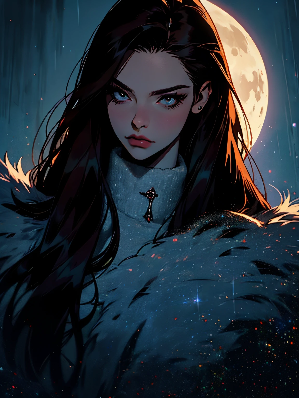 { - anatomy error}, hyper-realistic of a mysterious woman with flowing dark and long hair, piercing golden eyes, upper body, snown background, fur coat, ((dark hair)), (perfect eyes), moon light, winter, snow