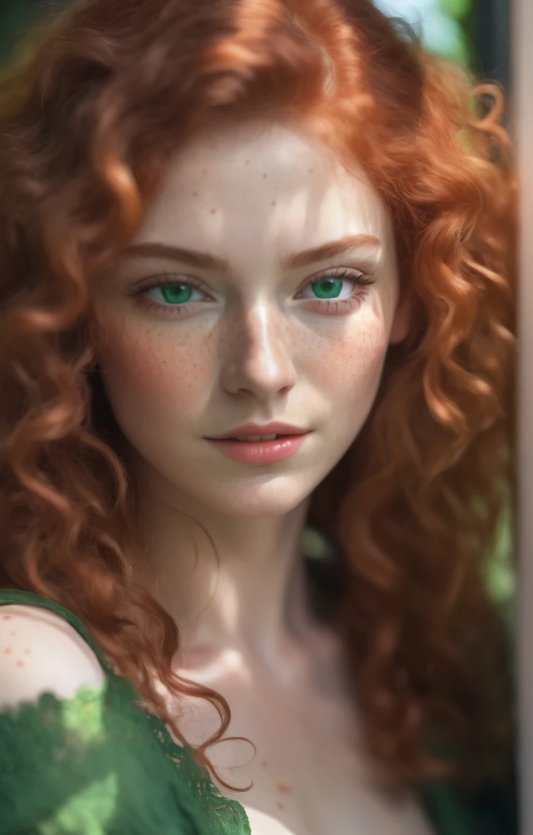 A superb photo of a Beautiful woman with curly red hair and green eyes, dans la jeune vingtaine, natural light, freckled, hyperdetailed face, ultra haute résolution, Photorealistic; True-to-life picture, natural skin, 8k,HDR, best quality, emerald green eyes, shadows real, Photorealistic, textured skin, detailed skin pores, peau real, natural shade
 