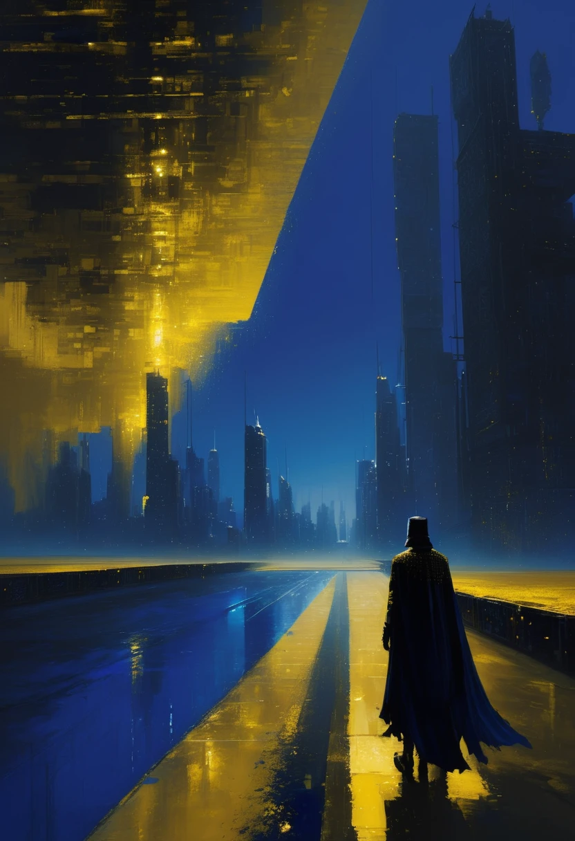 Pixelart por Jeremy Mann, Homem com capa preta em um deserto amarelo caminhando, chegando em uma grande cidade à noite, tons de azul royal escuro na maioria e pequenos detalhes em amarelo escuro e dourado, Pintura de textura em alto relevo 4D, 8K, 4D, futurista, tanque de água em segundo plano, ornamentado deserto, vista aérea, vista de longe, fotorrealismo, Impressionismo abstrato