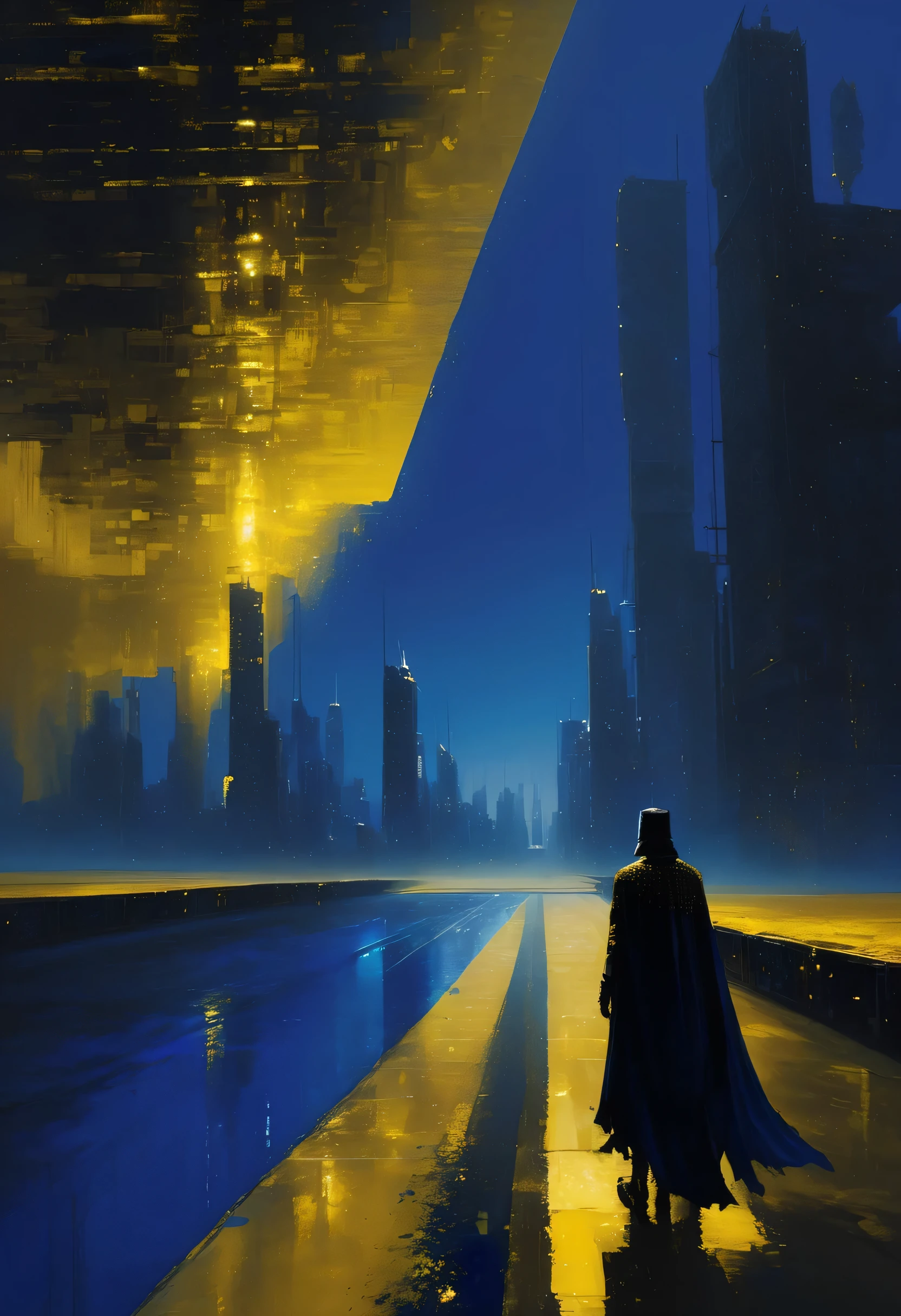 Pixel art par Jeremy Mann, Homme en cape noire dans le désert jaune marchant arrivant dans une grande ville la nuit, nuances de bleu royal foncé dans la majorité et petits détails en jaune foncé et or, Peinture texturée en haut relief 4D, 8k, 4D, futuriste, réservoir d&#39;eau en arrière-plan, désert orné, vue aérienne, vue de loin, photoréalisme, impressionnisme abstrait