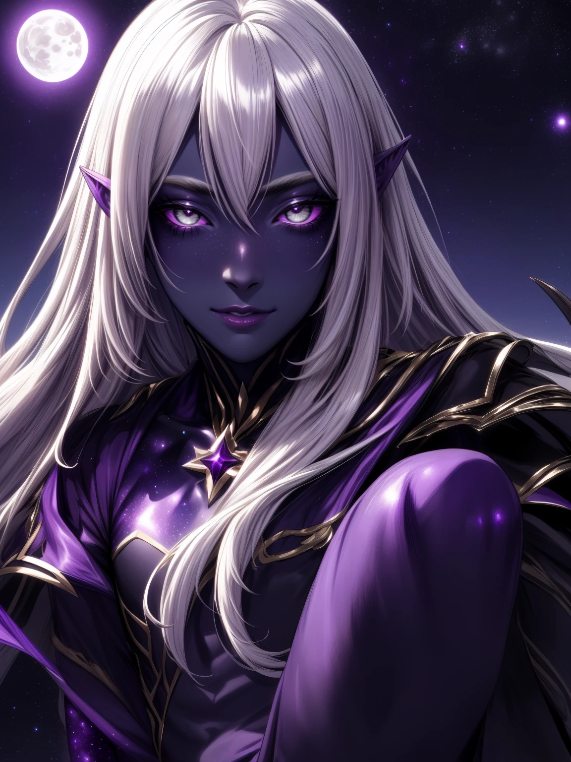 Aravos,  female version, black sclera, purple skin, white hair, long hair, (shiny, shiny hair, shiny skin, shiny eyes, purple aura:1.4), (stars, galaxy background, sky, moon), (man, boy, male:1.5), (Realistic:1.2), (masterpiece:1.2), (fullbody),(Cowchico-shot:1.2), dark romantic lighting, (highly detailed:1.2), (face detailed:1.2), (gradients ), Colorful, detailed eyes, (natural lighting:1.2), solo, medium breasts, sensual body