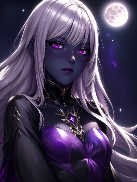 aravos,  female version, black sclera, purple skin, white hair, long hair, (shiny, shiny hair, shiny skin, shiny eyes, purple au...