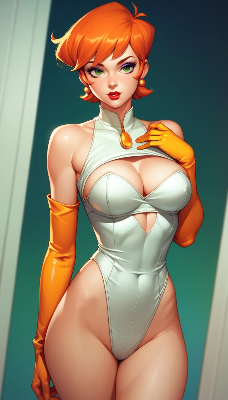 A beautiful girl with short orange hair, greeneyes, and earrings, wearing makeup and lipstick, and white leotard in curvy cartoon style, highy detailed, work of art, cowboy shot,Dexter&#39;s mother, beachfront, intrikate,Waist slender,Hands on waist, naked, witheout panties, with her pussy on camera