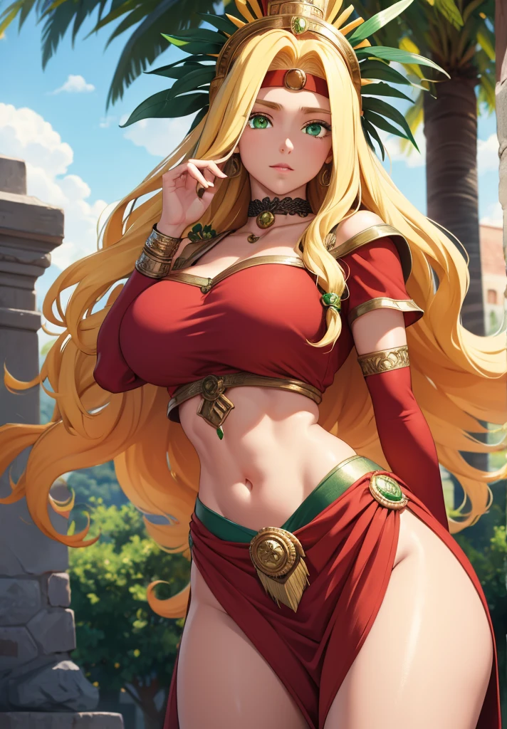 quetzalcoatl, quetzalcoatl, long hair, sidelocks, yellow hair, (green eyes:1.5), wavy hair, (large breast:1.2),
BREAK aztec, bracelet, choker, headband, headdress, jewelry, midriff, navel, short sleeves, wristlet,
BREAK looking at viewer,
BREAK outdoors,
BREAK (masterpiece:1.2), best quality, high resolution, unity 8k wallpaper, (illustration:0.8), (beautiful detailed eyes:1.6), extremely detailed face, perfect lighting, extremely detailed CG, (perfect hands, perfect anatomy),