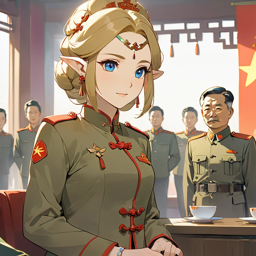 ((Highest quality)), ((masterpiece)), (detailed), （Perfect Face）、The woman is a Chinese Princess Zelda, a blonde Chinese woman with blue eyes who is wearing an engagement ring. She has become a member of the glorious Chinese Communist Party and has sworn absolute loyalty to the Chinese Communist Party. She is a righteous Communist Party member of China.、The woman is wearing the khaki Mao suit of the Chinese Communist Party.、For the sake of China, their hairstyles, clothes, and everything they wear are all Chinese Communist Party items, and their thoughts are also Chinese, becoming great Chinese in body and mind.、The woman became a Chinese Princess Zelda who was proud of and loved China.、She is serving China as a member of the great Communist Party of China.、The woman is a beautiful, respectable and exemplary Communist Party member.