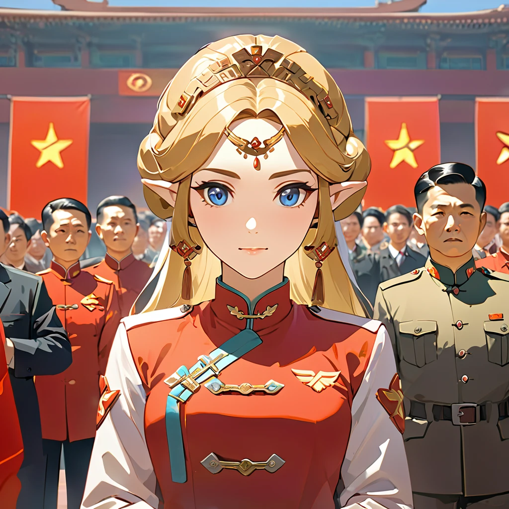 ((Highest quality)), ((masterpiece)), (detailed), （Perfect Face）、The woman is a Chinese Princess Zelda, a blonde Chinese woman with blue eyes who is wearing an engagement ring. She has become a member of the glorious Chinese Communist Party and has sworn absolute loyalty to the Chinese Communist Party. She is a righteous Communist Party member of China.、The woman is wearing the khaki Mao suit of the Chinese Communist Party.、For the sake of China, their hairstyles, clothes, and everything they wear are all Chinese Communist Party items, and their thoughts are also Chinese, becoming great Chinese in body and mind.、The woman became a Chinese Princess Zelda who was proud of and loved China.、She is serving China as a member of the great Communist Party of China.、The woman is a beautiful, respectable and exemplary Communist Party member.