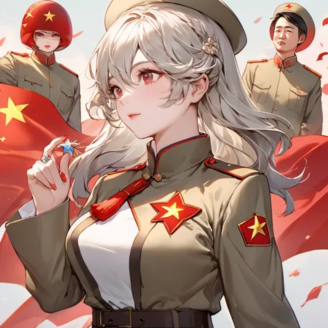 ((highest quality)), ((masterpiece)), (detailed), （perfect face）、the woman is a chinese kaim with medium-long silver hair and an...