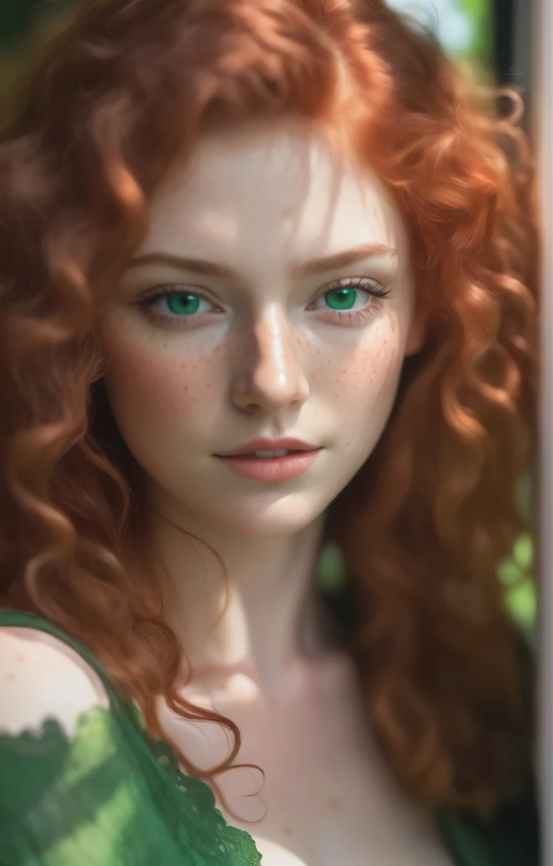 A superb photo of a Beautiful woman with curly red hair and green eyes, dans la jeune vingtaine, natural light, freckled, hyperdetailed face, ultra haute résolution, Photorealistic; True-to-life picture, natural skin, 8k,HDR, best quality, emerald green eyes, shadows real, Photorealistic, textured skin, detailed skin pores, peau real, natural shade realistic, real skin , real eyes
 