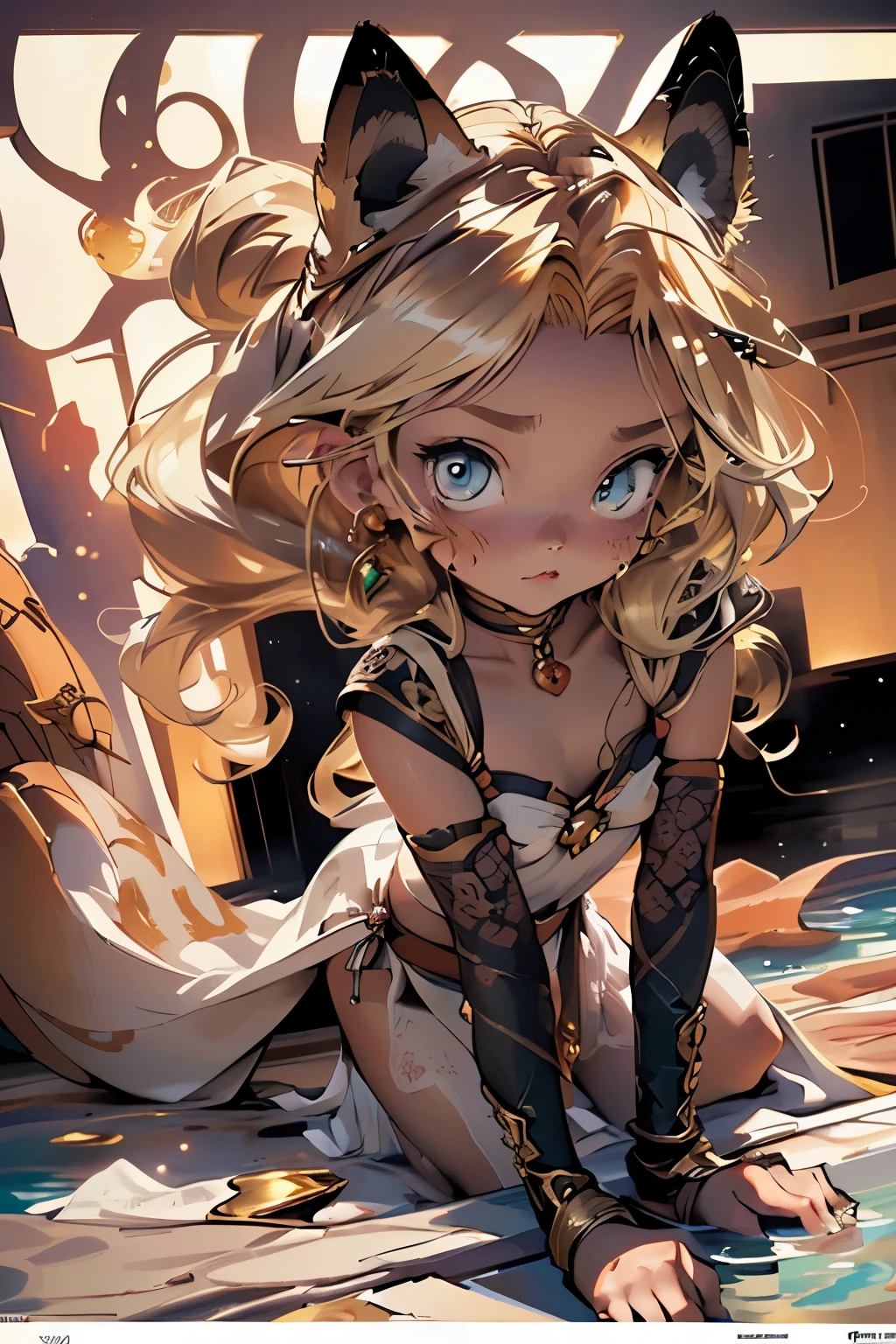 cute  elf,(((little ,tiny little body,little))),(((6 years old))),((anime elf  with extremely cute and beautiful blonde hair)), (((elf))), (((elf ears))),

(((flat chest))),((((blonde hair:1.35,messy blonde hair,colored inner hair,ear breathing)))),(((gold_eyes:1.3))),intricate eyes,beautiful detailed eyes,symmetrical eyes,big eyes:1.5,(((lustrous skin:1.5,bright skin: 1.5,skin tanned,shiny skin,very shiny skin,shiny body,plastic glitter skin,exaggerated shiny skin,illuminated skin))),(delicate detailed fingers,detailed body,(detailed face)),

cute,slutty,erotic,daring,((nsfw)),

zettai ryouiki,revealing clothing,show skin,(((Sexy ivory arabian clothes, ivory arabian outfit, wearing a ivory sexy arabian clothes:1.3,ivory arabian bikini))),((ivory loincloth,visible thong straps)),(ivory clothes,semi-naked,with little ivory clothing),(((intricate outfit,intricate clothes,embroidered outfit,ornate outfit,embroidered clothes,ornate clothes))),

(dynamic pose:1.0),embarrassed,(centered,scale to fit dimensions,Rule of thirds),

((beautiful bath house made of arab marble and arab pillars, beautiful clear water in pool)),scenery:1.25,((intricate scenery)),((arab palace background)),extremely scenery,(sunset, golden hour),

(Glossy winter ornaments),highres,sharp focus,(ultra detailed,extremely detailed),(photorealistic artwork:1.37),(extremely detailed CG unity 8k wallpaper),(((vibrant colors,vibrant theme))),(intricate),(masterpiece),(best quality),artistic photography,(photography taken by sldr),(intricate background),perfect rendered face,perfect face details,realistic face,photo realistic,((intricate detail)),(((realism))),
