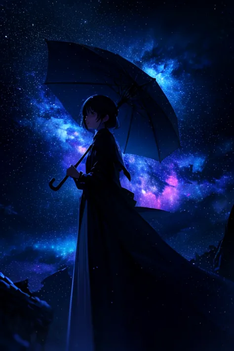 inside the umbrella\(starry sky\(shining star, nebula\), background\((very dark:1.3),hubby rain\(many raindrops slowly fall from...