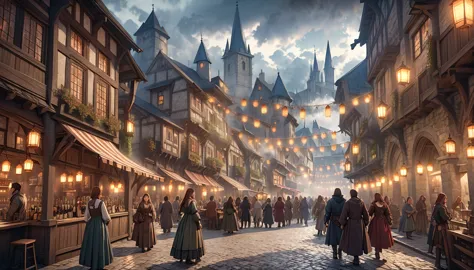 a medieval fantasy rpg town, stone buildings, many people, bar, detailed architecture, cobblestone streets, medieval market, lan...