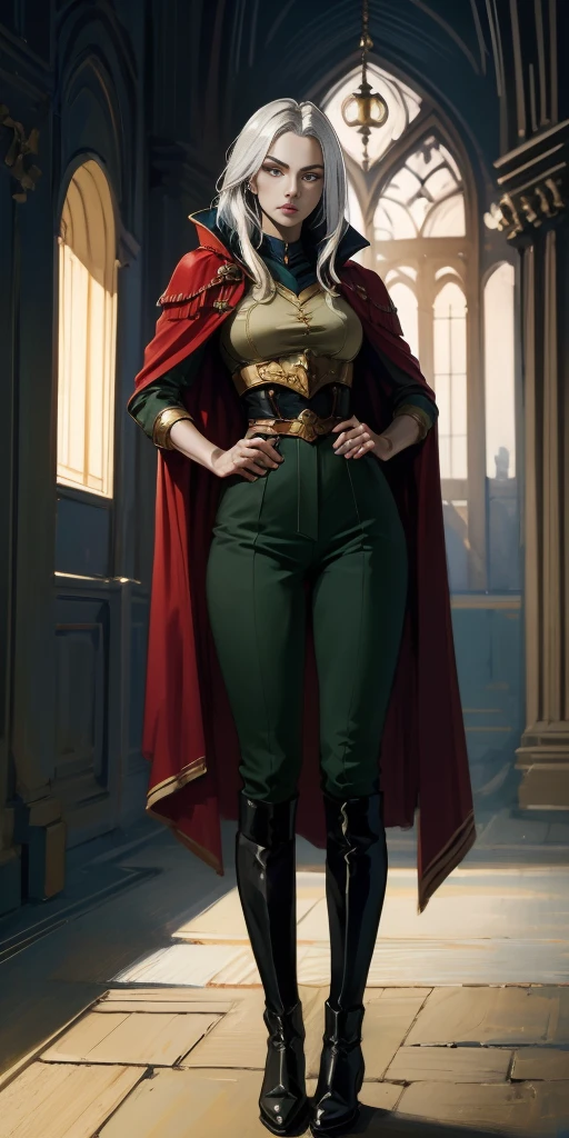 A woman with long platinum bob hair, arched crescent eyebrows, sharp and determined eyes, a delicate oval face, a serious expression, a fantasy-style dark green military coat, draped with a dark red waist-length cloak, military trousers, leather combat boots, silver greaves leggings, one hand on her hip, standing in a spacious training ground, this character embodies a finely crafted fantasy-style female military officer in anime style, exquisite and mature manga art style, pale skin, high definition, best quality, highres, ultra-detailed, ultra-fine painting, extremely delicate, professional, perfect body proportions, golden ratio, anatomically correct, symmetrical face, extremely detailed eyes and face, high quality eyes, creativity, RAW photo, UHD, 32k, Natural light, cinematic lighting, masterpiece-anatomy-perfect, masterpiece:1.5