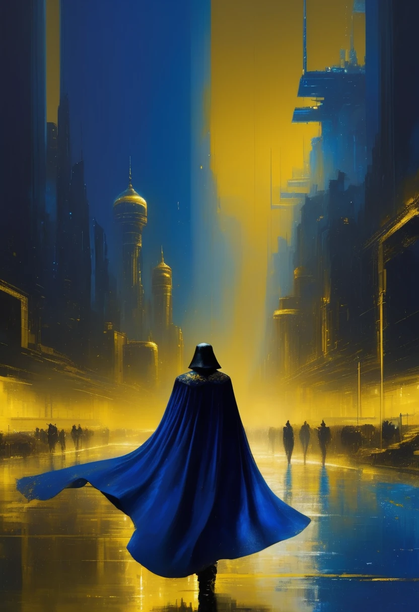 Pixelart por Jeremy Mann, Man in black cape in yellow desert walking arriving in a big city at night, shades of dark royal blue in the majority and small details in dark yellow and gold, 4D high relief texture painting, 8k, 4D, futuristic, water tank in the background, ornate desert, aerial view, view from far away, photorealism, abstract impressionism