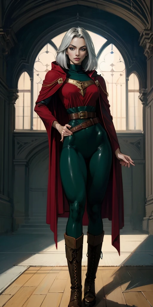 A woman with long platinum bob hair, arched crescent eyebrows, sharp and determined eyes, a delicate oval face, a serious expression, a fantasy-style dark green military coat, draped with a dark red waist-length cloak, military trousers, leather combat boots, silver greaves leggings, one hand on her hip, standing in a spacious training ground, this character embodies a finely crafted fantasy-style female military officer in anime style, exquisite and mature manga art style, pale skin, high definition, best quality, highres, ultra-detailed, ultra-fine painting, extremely delicate, professional, perfect body proportions, golden ratio, anatomically correct, symmetrical face, extremely detailed eyes and face, high quality eyes, creativity, RAW photo, UHD, 32k, Natural light, cinematic lighting, masterpiece-anatomy-perfect, masterpiece:1.5