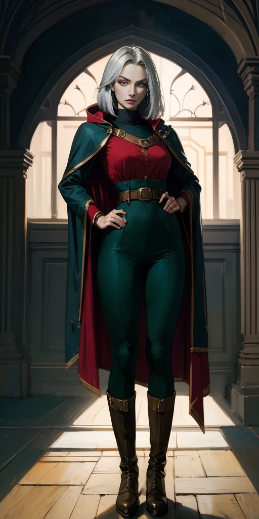 A woman with long platinum bob hair, arched crescent eyebrows, sharp and determined eyes, a delicate oval face, a serious expression, a fantasy-style dark green military coat, draped with a dark red waist-length cloak, military trousers, leather combat boots, silver greaves leggings, one hand on her hip, standing in a spacious training ground, this character embodies a finely crafted fantasy-style female military officer in anime style, exquisite and mature manga art style, pale skin, high definition, best quality, highres, ultra-detailed, ultra-fine painting, extremely delicate, professional, perfect body proportions, golden ratio, anatomically correct, symmetrical face, extremely detailed eyes and face, high quality eyes, creativity, RAW photo, UHD, 32k, Natural light, cinematic lighting, masterpiece-anatomy-perfect, masterpiece:1.5