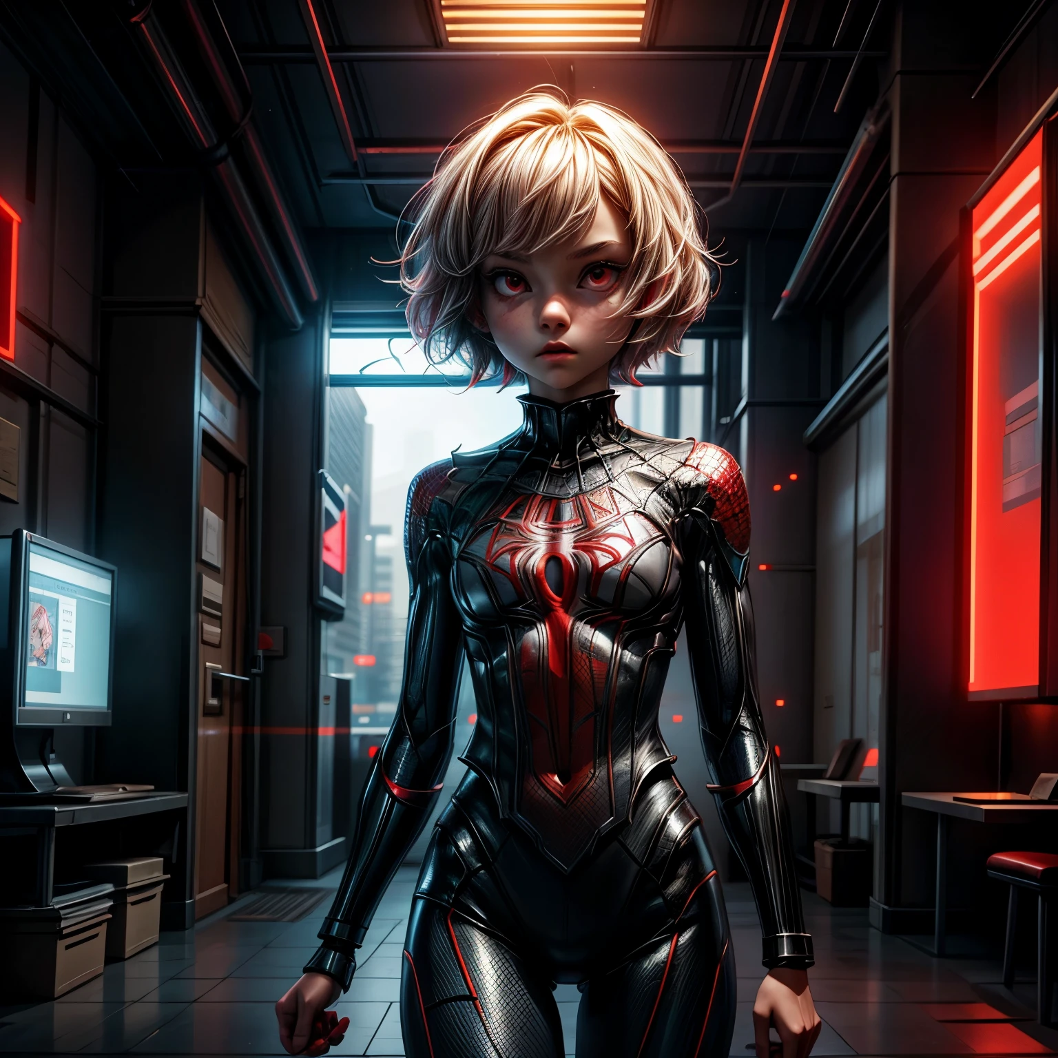 appearence a 13 years old teenage girl,red eyes,albino,calm,quiet,cute,pretty,full body,looking ahead,short hair combed back,red outfit,black short,tied hair,spider verse suit,serious look,cyberpunk background 