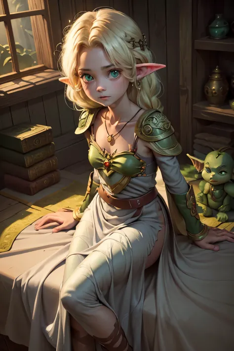 (Realisttic:1.2), analog photo style, (cute goblin wooman looking like elf, intensed green serpent's eyes, surrounded by a gloom...