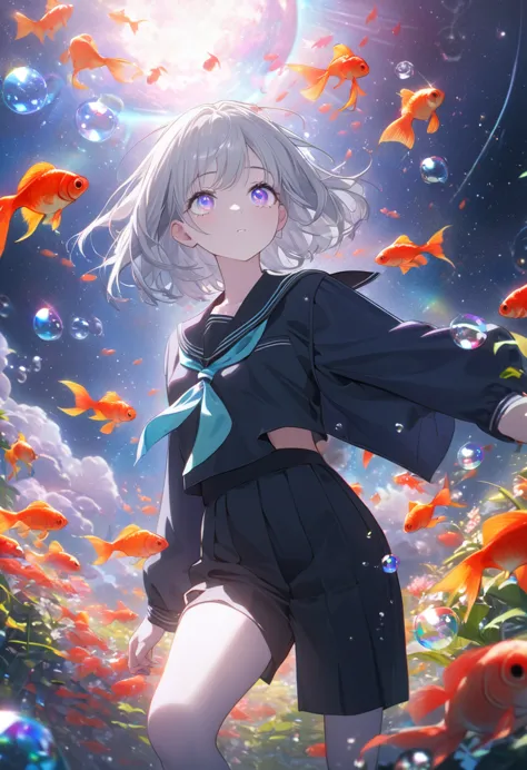 (woman\(student, 15 years old, ｊｋ, short hair, silver hair, floating hair, space-colored eyes, black sailor suit\(of high school...