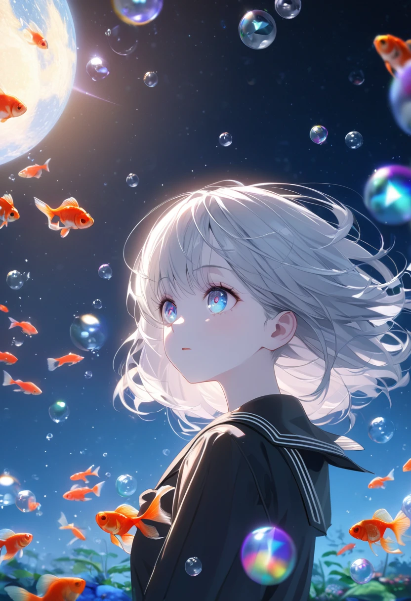 (woman\(student, 15 years old, ＪＫ, short hair, Silver Hair, Floating Hair, Space-colored eyes, Black sailor suit\(Of high school\), Pale skin, Tired face, No shine in the eyes\) Looking up at the sky), (Many goldfish are swimming in the air), Beautiful sky, Beautiful Clouds, Colorful summer flowers are blooming everywhere., (Transparent bubbles shine like prisms here and there in the sky), The midday moon and the midday star shine in the sky, woman is at messy downtown, break ,quality\(8k,非常に精細なCGユニットのwallpaper, masterpiece,High resolution,top-quality,top-quality real texture skin,Surreal,Increase the resolution,RAW Photos,最高quality,Very detailed,wallpaper,Cinema Lighting,Ray-tracing,Golden Ratio\),(Long Shot),Wide Shot,