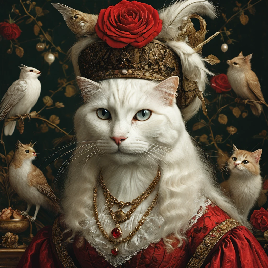 Realistic portrait of an animal in clothing - a beautiful long-haired white cat、Beautiful Long Hair, A fifty-year-old woman wearing a red rose necklace, Graceful cat, Beautiful Animals Queen of Pearls, Renaissance style, Wearing a luxurious dress, Renaissance style, Renaissance style, anthropomorphic female cat, Dignity in aristocratic costume, White cat in a purple dress, victorian aristocracy,(Full body image:1.5)Looking at the camera