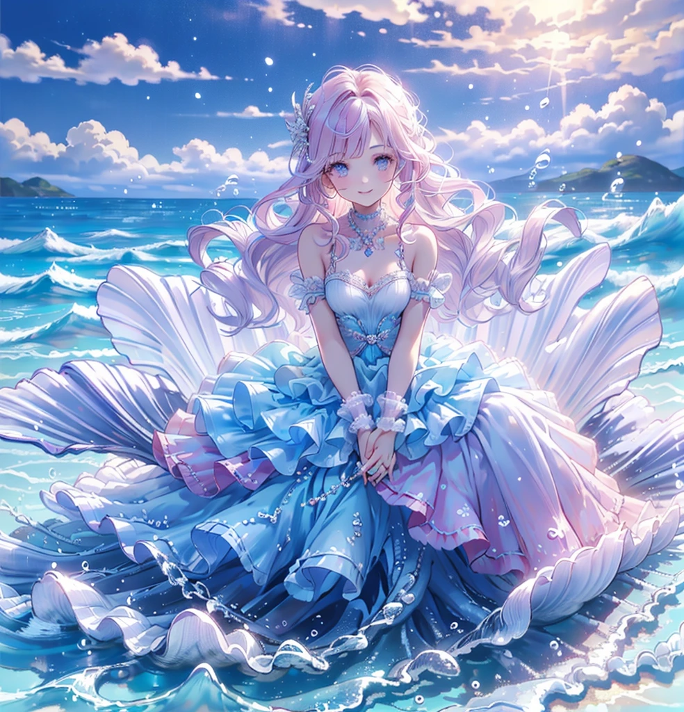 (Exquisite, beautiful, Very detailed, masterpiece, high quality, Confused, High resolution, Full HD, 16K), (woman,Mermaid),(Sitting on a large white shell),((Happy, fun, smile, Laughter:1.3)), (Bob, Wavy Hair, Pink Hair), ((bare hands:1.5)),Purple eyes, ((Sing a song:1.5)),Big eyes, Fair skin, slim,( Soft Edge, Soft lines), Wide Shot, (Saturated colors, Bright colors, pastel colour), (under the beautiful sea, Sea), Dramatic lighting, Warm lighting, Soft lighting, Fantasy, Romantic atmosphere, Dreamy atmosphere, floating