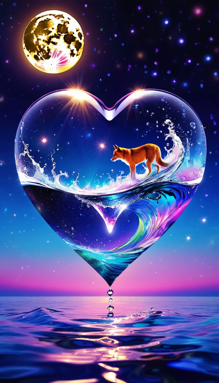 Made by AIS-RCN, 8K Photo, "words, Glass Heart, Jump out of the water, Transform your thoughts into delicate works of art.", Supple, Black light、Beautiful big moon、Glass Heartの中は別世界