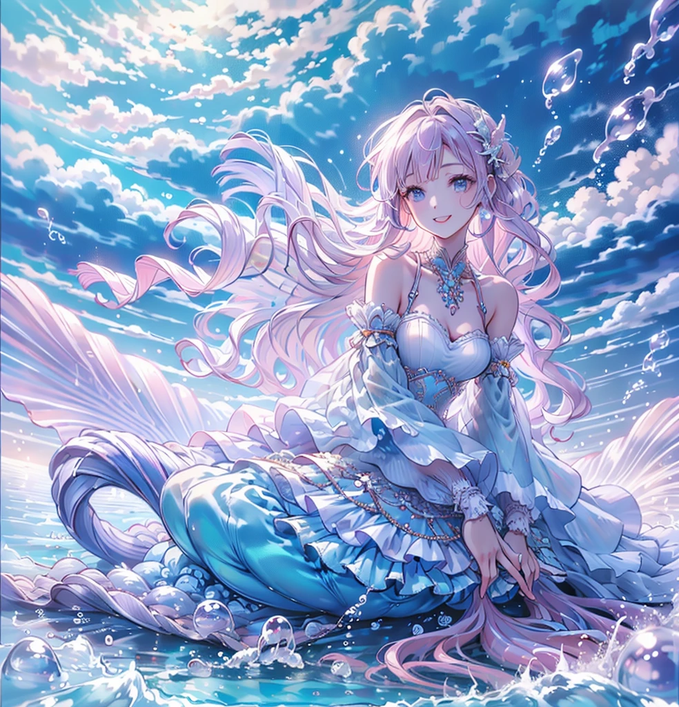 (Exquisite, beautiful, Very detailed, masterpiece, high quality, Confused, High resolution, Full HD, 16K), (woman,Mermaid),(Sitting on a large white shell),((Happy, fun, smile, Laughter:1.3)), (Bob, Wavy Hair, Pink Hair), ((bare hands:1.5)),Purple eyes, ((Sing a song:1.5)),Big eyes, Fair skin, slim,( Soft Edge, Soft lines), Wide Shot, (Saturated colors, Bright colors, pastel colour), (under the beautiful sea, Sea), Dramatic lighting, Warm lighting, Soft lighting, Fantasy, Romantic atmosphere, Dreamy atmosphere, floating