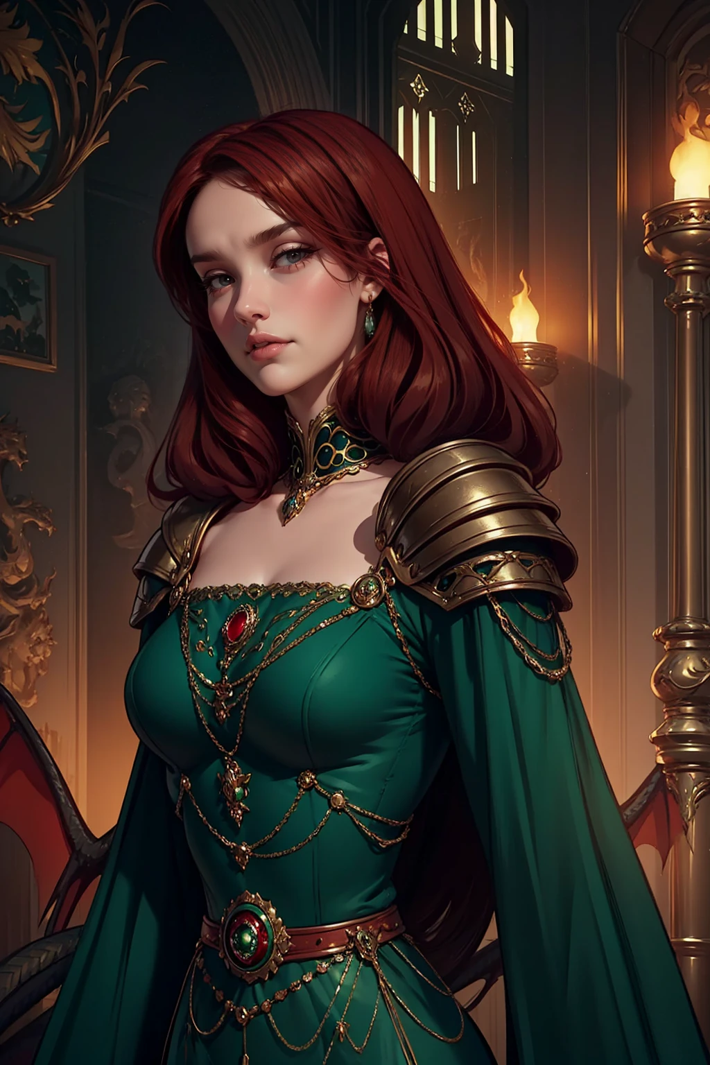 {-erro_de_anatomia:1.0} woman 40 years old, victorian era, queen clothes, (green dress), dark castle, a woman (alicent hightower), meddium dark red hair (dark red hair), (brown eyes) . Indifferent look , merciless. among the dragons, dinamic poses, egoist smile, upper body,