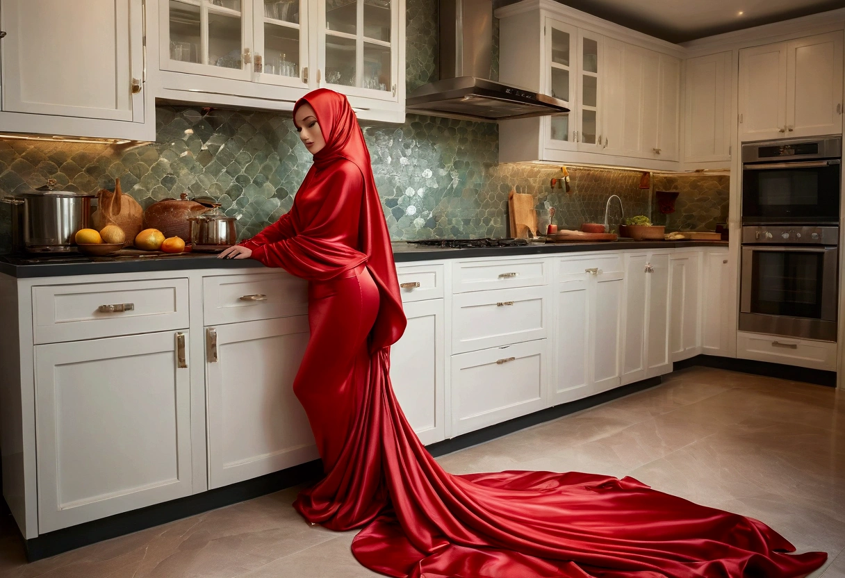 An alluring woman shrouded in a 4-meter-long, plush red satin cloth, tightly bound and grandly draping along the form of her body, flowing off into a pooled floor-length train, styled in a mermaid-inspired outfit, her head modestly veiled in a satin hijab, in a kitchen, a full-body pose conveying a sense of mysterious elegance, captured in a 4k resolution, ultra-realistic