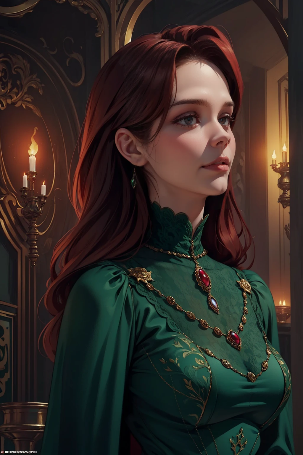 {-erro_de_anatomia:1.0} woman 40 years old, victorian era, queen clothes, (green dress), dark castle, a woman (alicent hightower), meddium dark red hair (dark red hair), (brown eyes) . Indifferent look , merciless. among the dragons, dinamic poses, egoist smile, upper body,