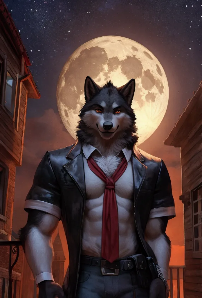 anthropomorphic vampire male wolf under the full moon, 
with short sleeve shirt with red details on,
with visible chest looking ...