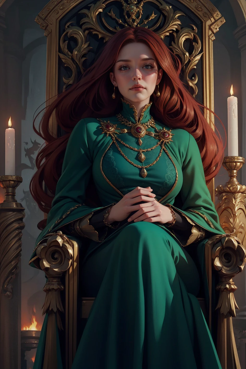 {-erro_de_anatomia:1.0} woman 40 years old, victorian era, queen clothes, (green dress), dark castle, a woman (alicent hightower), meddium dark red hair (dark red hair), (brown eyes) . Indifferent look , merciless. among the dragons, dinamic poses, egoist smile, upper body, sitting in the iron throne