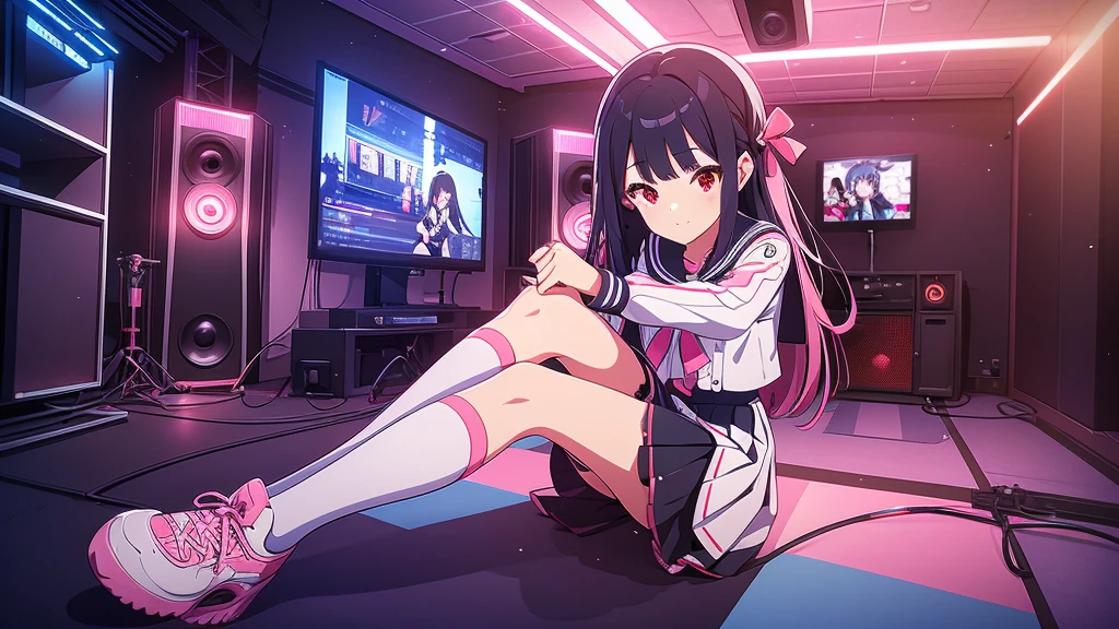 beautiful girl incredible quality 4k vtuber with red eyes multiple color blue and black hair with pink ribbon Short pleated skirt sailor style blouse long sleeve white long stockings pink tennis shoes with black vtuber youtuber in recording studio room PC gamer in the background and cyberpunk LED lights 