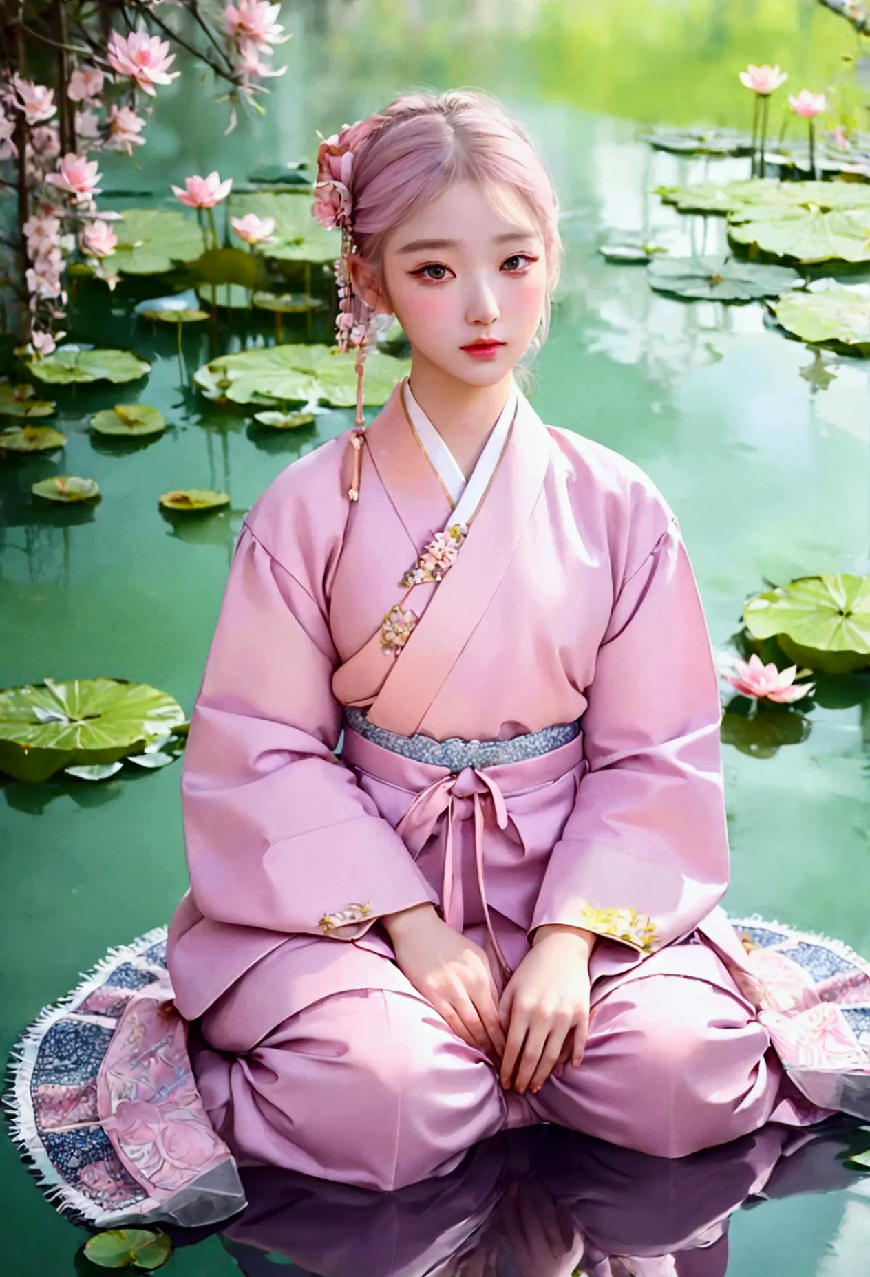 (pastel pink korean traditional costume_hanbok jeogori, hanbok skirt: 1.2, fine details), (lotus, detail of 16 year old girl sit...