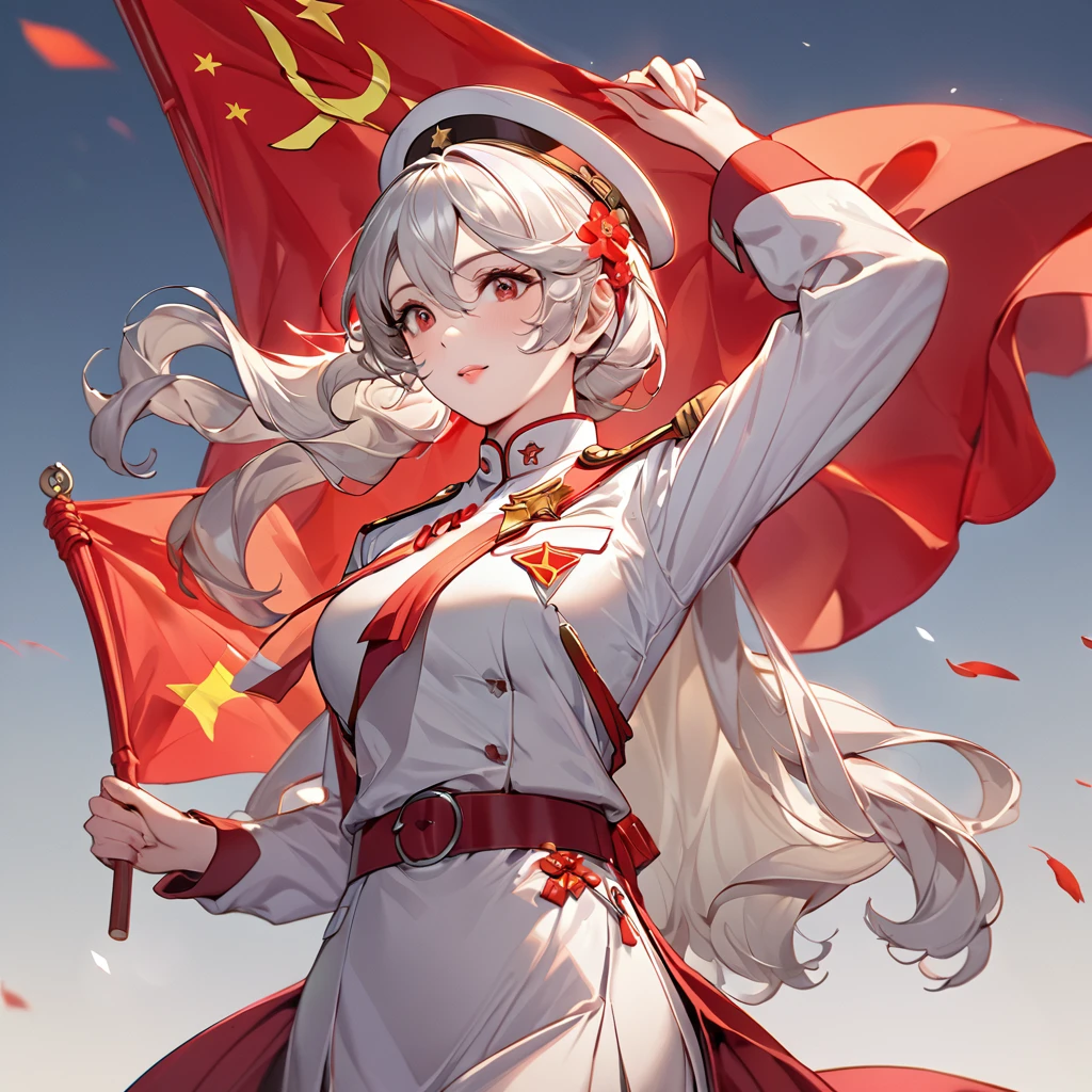 ((Highest quality)), ((masterpiece)), (detailed), （Perfect Face）、The woman is a Chinese Kaim with medium-long silver hair and an engagement ring. She is a member of the glorious Chinese Communist Party and has sworn absolute loyalty to the Communist Party of China. She is a righteous Communist Party member of China.、The woman is wearing the fine uniform of a Chinese Communist Party member.、For the sake of China, their hairstyles, clothes, and everything they wear are all Chinese Communist Party items, and their thoughts are also Chinese, becoming great Chinese in body and mind.、The woman became a Chinese Kaim who was proud of China and loved it devotedly.、She is serving China as a member of the great Communist Party of China.、The woman is a beautiful, respectable and exemplary Communist Party member.