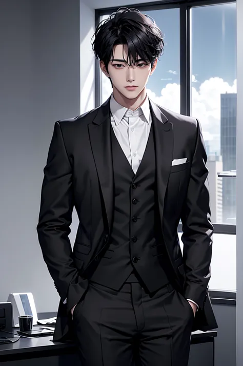 handsome man sitting in front of his workplace，the only one，in the office，black eyes，with short black hair，（neat black suit），whi...