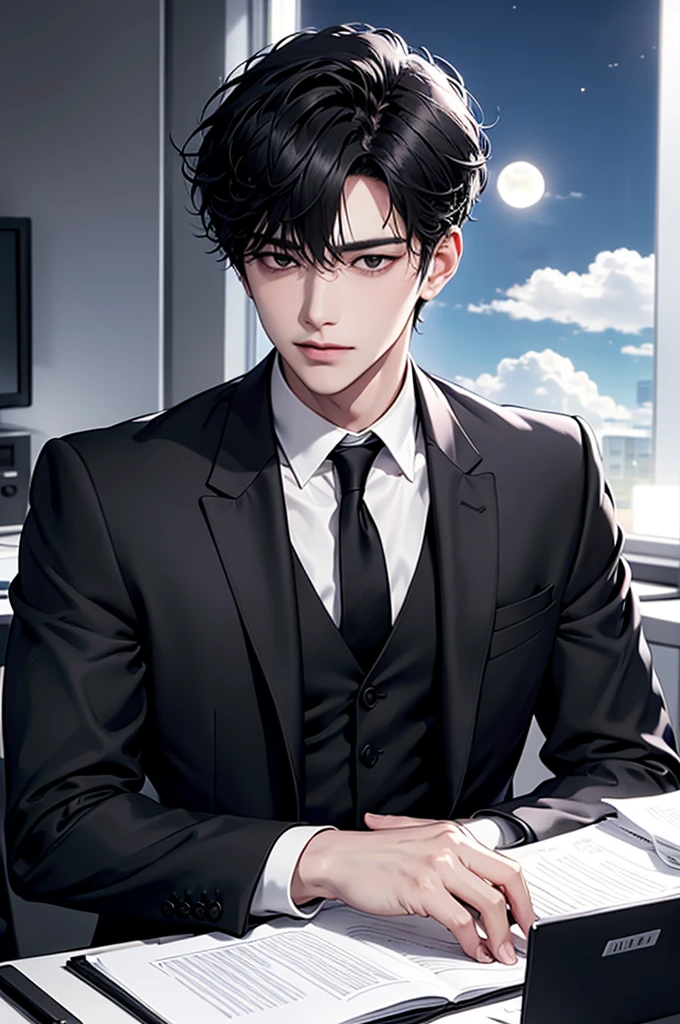 Handsome man sitting in front of his workplace，the only one，in the office，black eyes，with short black hair，（Neat black suit），white shirt，backlight, full moon, cloud