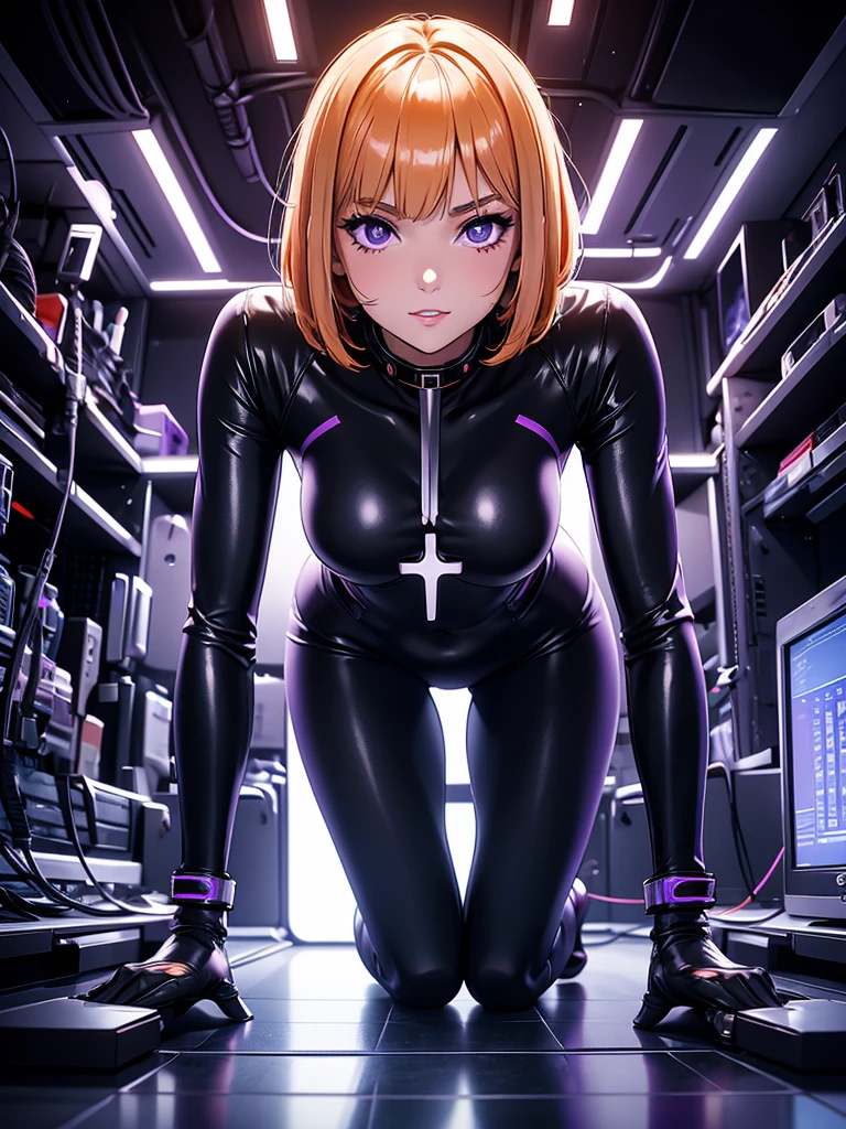 The image shows a young girl with short blonde hair and bangs. She is wearing a black bodysuit with a high collar, from which hangs a massive cross. The girl has expressive purple eyes with bright makeup in orange tones, combined with her orange lipstick. She is on all fours, and the background is a dark, technically complex room, perhaps the interior of some futuristic vehicle or a room with many wires and equipment. The lighting in the room creates a science fiction atmosphere.