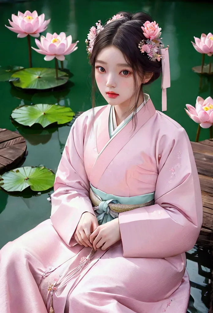 (pastel pink korean traditional costume_hanbok jeogori, hanbok skirt: 1.2, fine details), (lotus, detail of 16 year old girl sit...