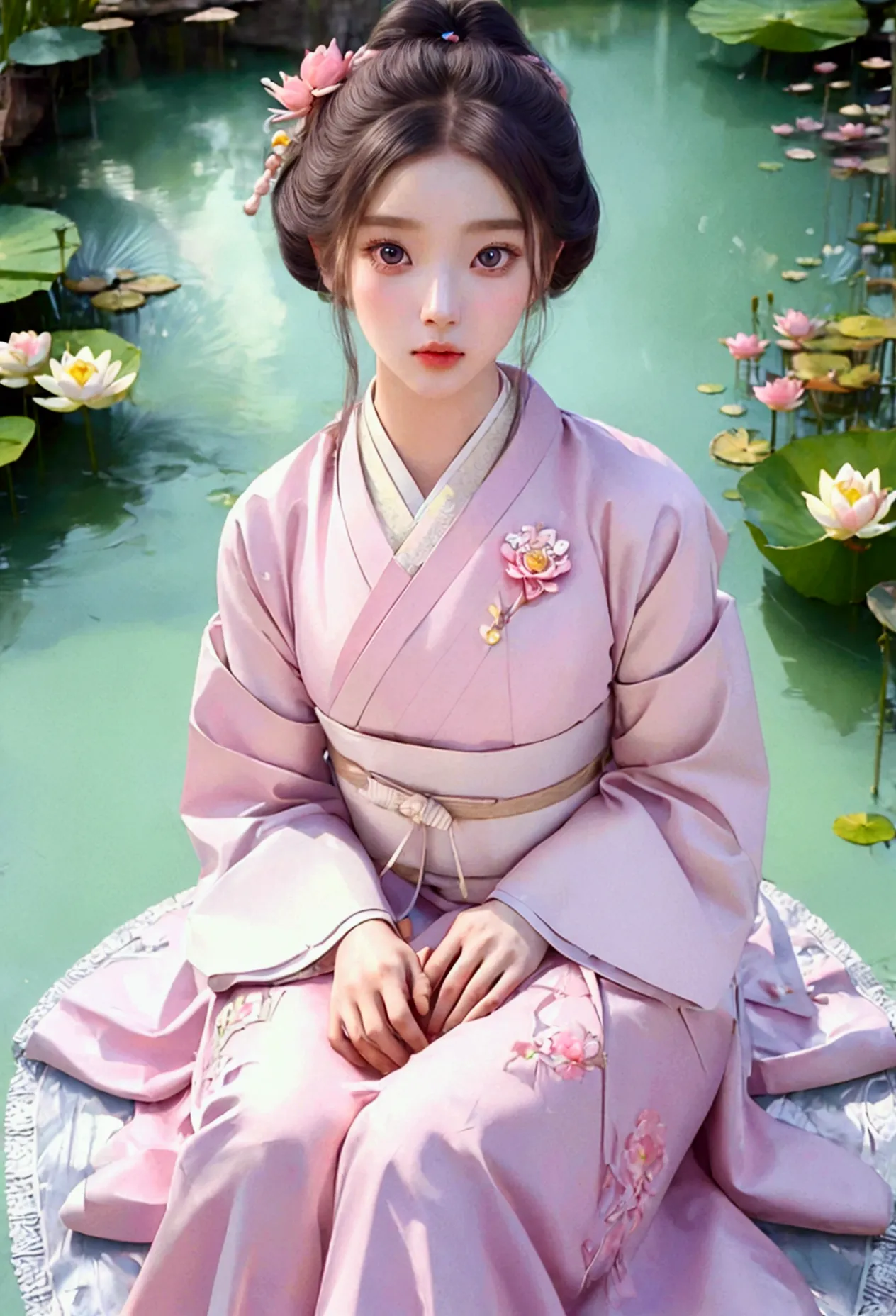 (pastel pink korean traditional costume_hanbok jeogori, hanbok skirt: 1.2, fine details), (lotus, detail of 16 year old girl sit...