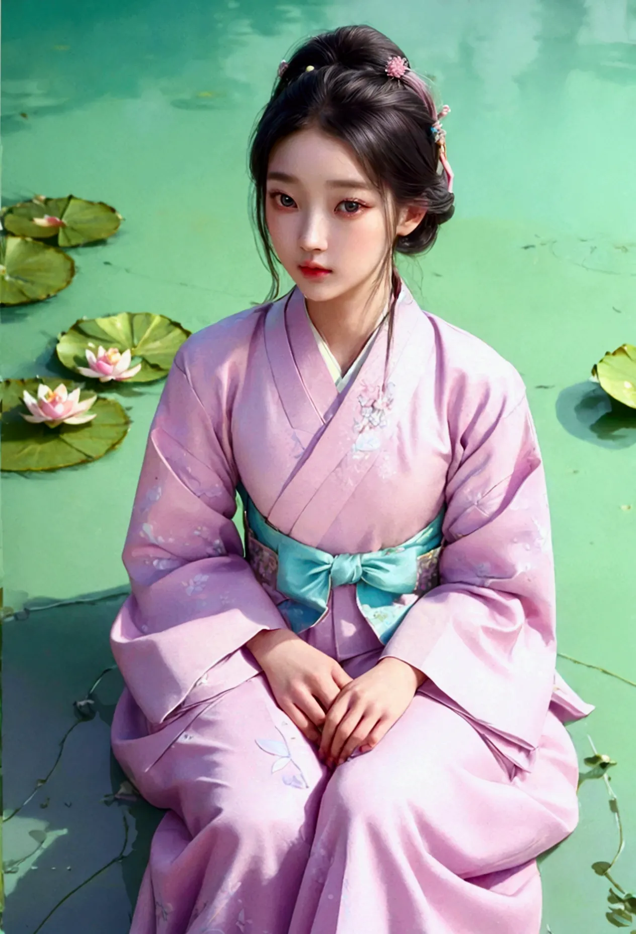 (pastel pink korean traditional costume_hanbok jeogori, hanbok skirt: 1.2, fine details), (lotus, detail of a 16 year old girl s...