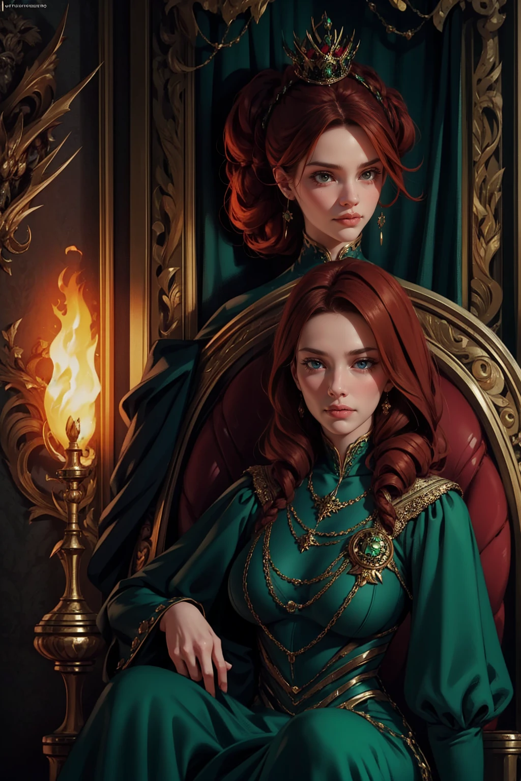 {-erro_de_anatomia:1.0} woman 40 years old, victorian era, queen clothes, (green dress), dark castle, a woman (alicent hightower), meddium dark red hair (dark red hair), (brown eyes) . Indifferent look , merciless. among the dragons, dinamic poses, egoist smile, upper body, sitting in the iron throne