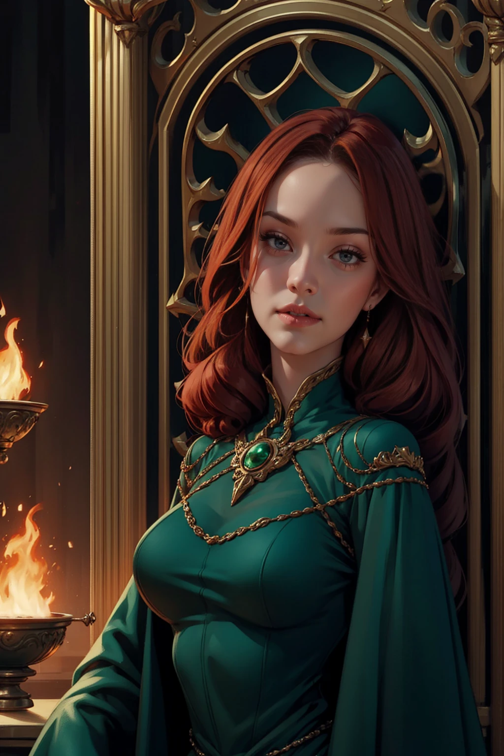 {-erro_de_anatomia:1.0} woman 40 years old, victorian era, queen clothes, (green dress), dark castle, a woman (alicent hightower), meddium dark red hair (dark red hair), (brown eyes) . Indifferent look , merciless. among the dragons, dinamic poses, egoist smile, upper body, sitting in the iron throne