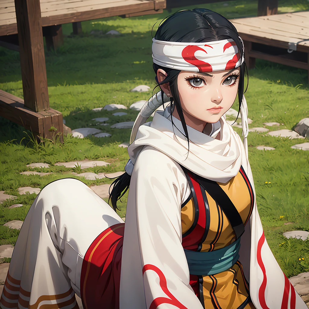 there is a young girl dressed in a costume and headband, a character portrait inspired by Chen Jiru, unsplash, shin hanga, anime cosplay, palace ， a girl in hanfu, hanfu, white hanfu, captured on canon eos r 6, akali, akali from league of legends, akira from chinese mythology, professional cosplay